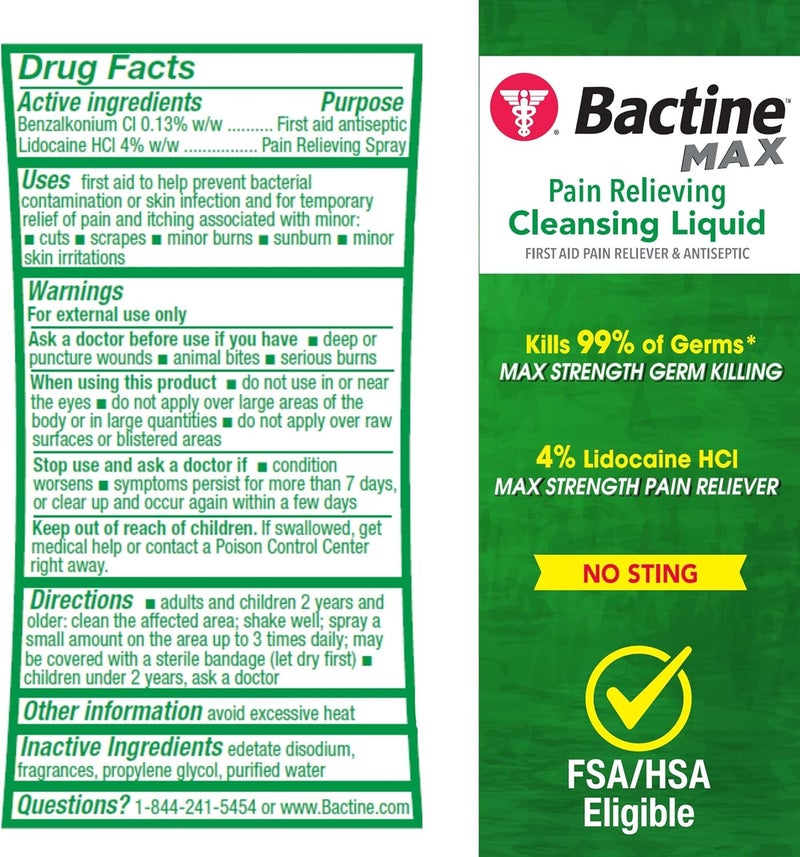 Bactine MAX بخاخ تنظيف الإسعافات الأولية MAX مع 4 ليدوكائين لتخفيف الآلام للجروح الطفيفة والحروق ولدغات الحشرات 5 أونصات - Image 2