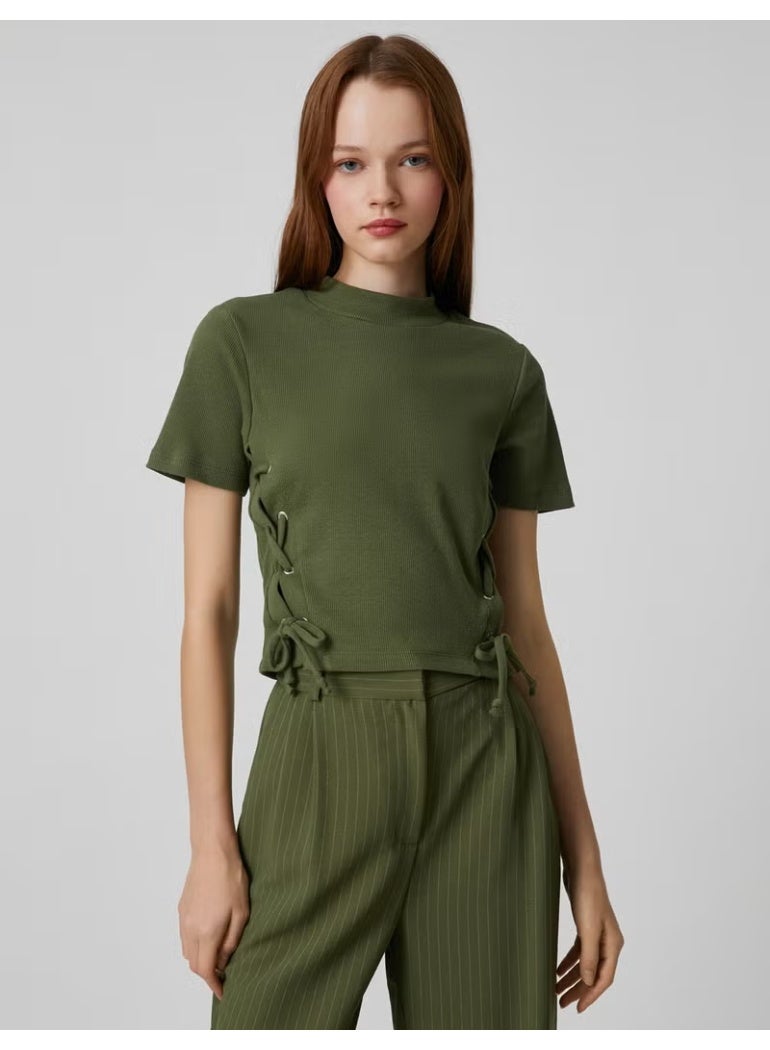 KOTON Short Sleeve T-Shirt High Collar Side Tie Detail - Image 3
