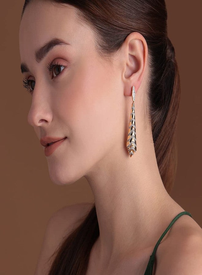 Shaze Gold Rhodium-Plated Cubic Zirconia Studded Cone Drop Earrings For Women - Image 3