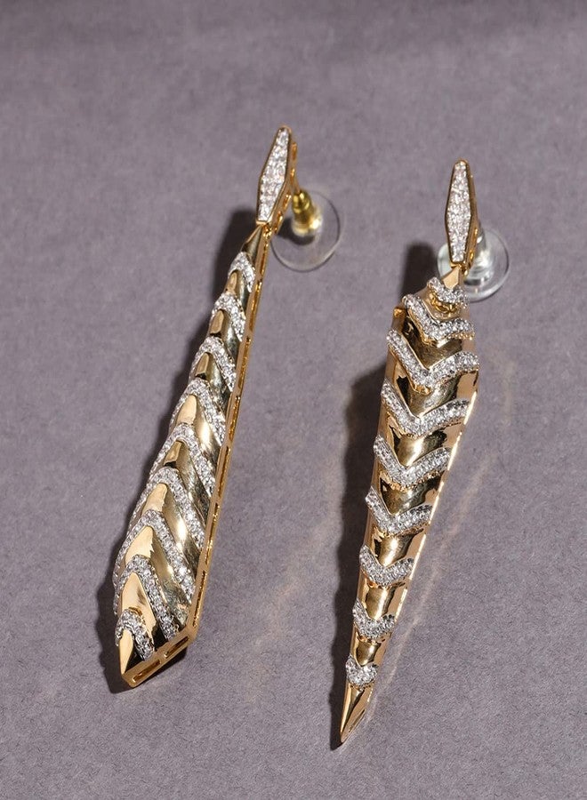 Shaze Gold Rhodium-Plated Cubic Zirconia Studded Cone Drop Earrings For Women - Image 4