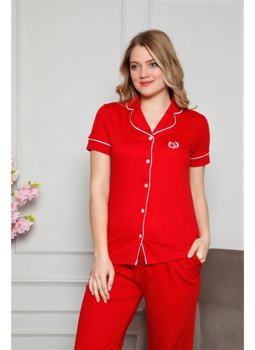 Bie's Women's Red Shirt Collar White Piping Front Buttoned Short Sleeve Cotton Pajama Set  - Image 1