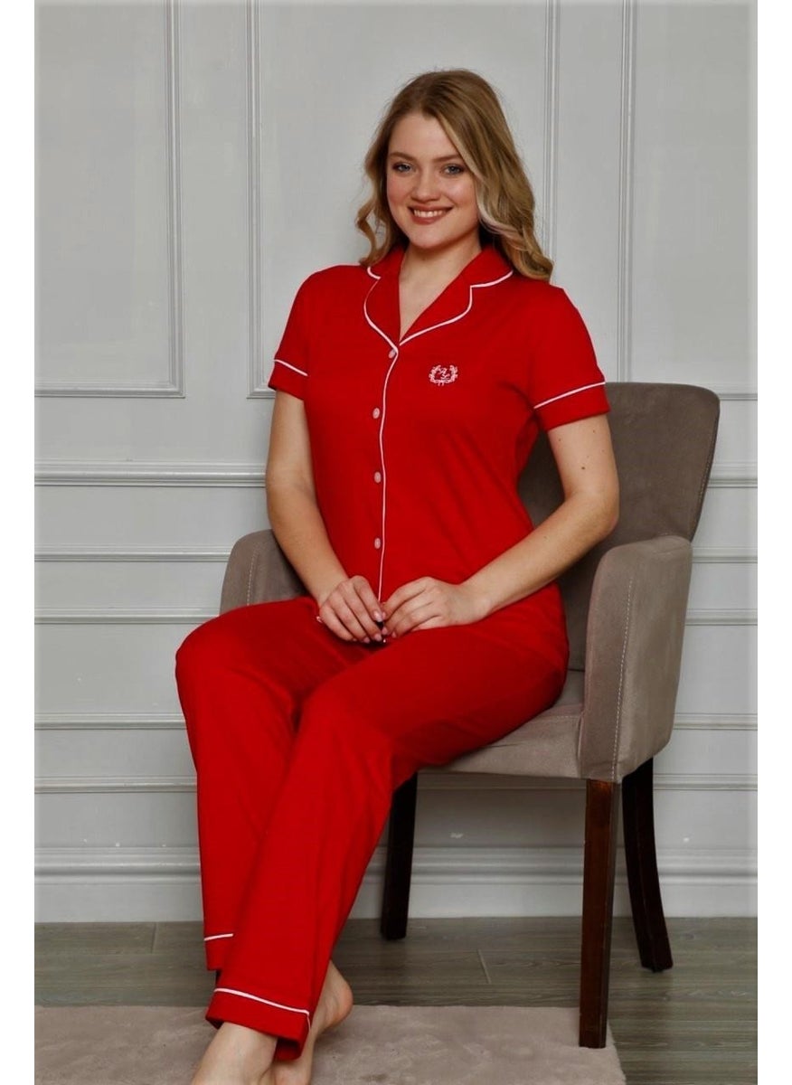 Bie's Women's Red Shirt Collar White Piping Front Buttoned Short Sleeve Cotton Pajama Set  - Image 3
