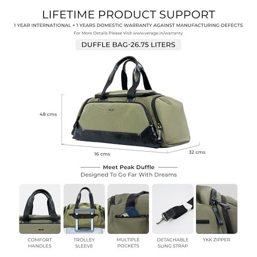 VERAGE Luxe Peak Travel Duffle Bag – Durable Compact Travel Bag with Multiple Pockets, Comfortable Handles, Detachable Sling Strap, Water-Resistant Material, and Spacious Design (Army Green) - Image 3