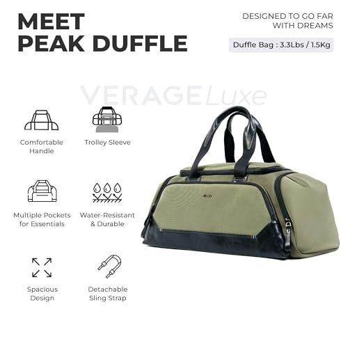 VERAGE Luxe Peak Travel Duffle Bag – Durable Compact Travel Bag with Multiple Pockets, Comfortable Handles, Detachable Sling Strap, Water-Resistant Material, and Spacious Design (Army Green) - Image 2