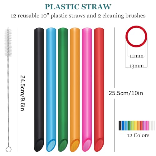 ANNVCHI 12 Pcs Reusable Boba Straws - BPA-Free Wide Reusable Plastic Straws for Smoothies, Boba(Tapioca, Boba Pearls) & Shakes with 2 Brushes（Multicolor） - Image 2