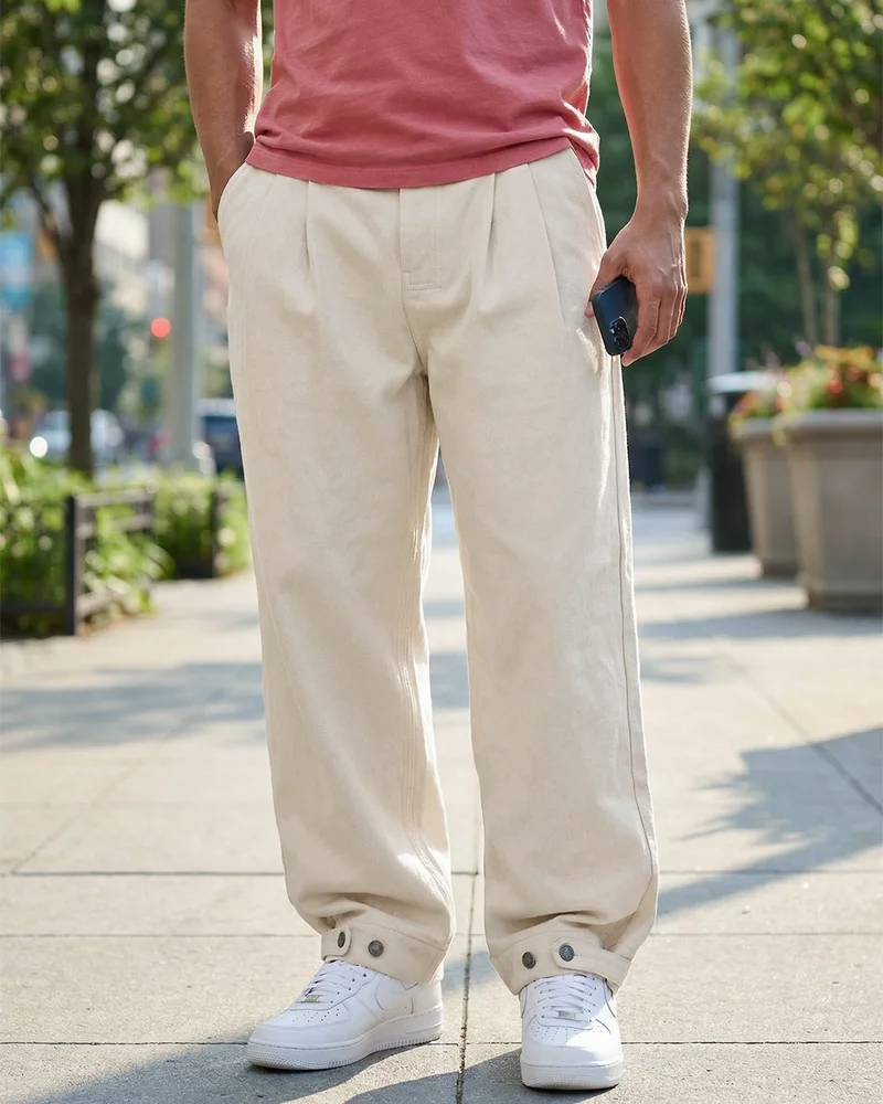 بيواكوف Men's Off White Baggy Fit Japanese Pants