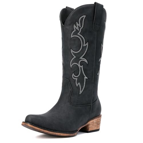 Choiran Black Cowboy Boots for Women - Embroidered Cowgirl Carter Outfits Boot Western Mid Calf Cowboy Carter Fashion Chunky Heel Pointed Toe Country Boots 8 - Image 4