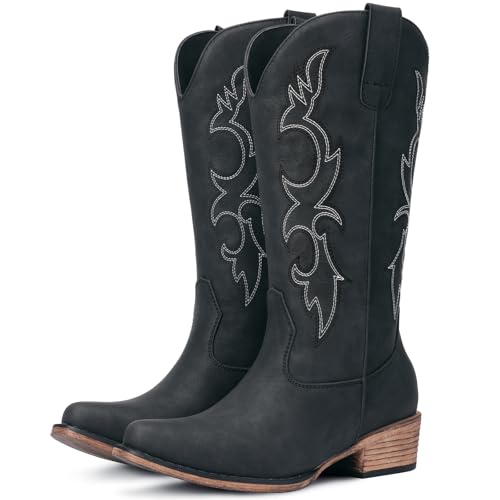 Choiran Black Cowboy Boots for Women - Embroidered Cowgirl Carter Outfits Boot Western Mid Calf Cowboy Carter Fashion Chunky Heel Pointed Toe Country Boots 8 - Image 1