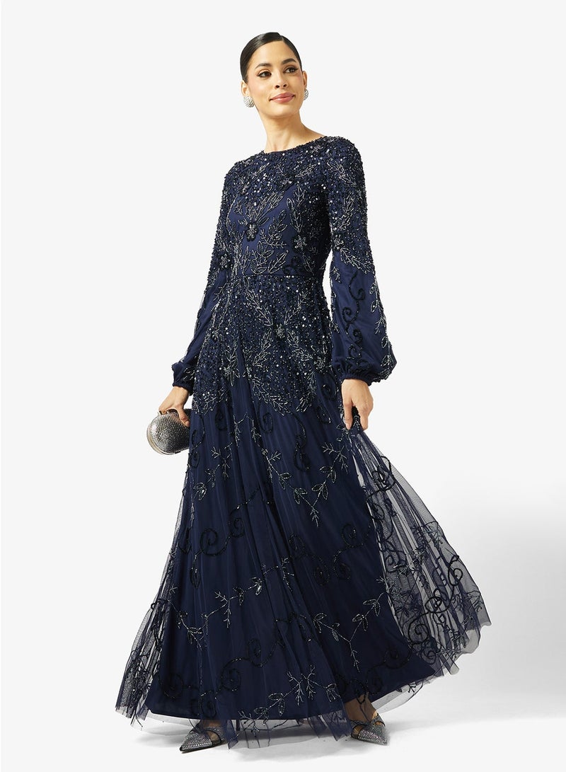 MARYISA Crew Neck Mesh Detailed Maxi Dress - Image 1
