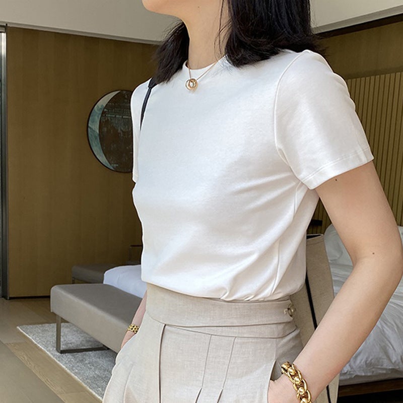 All-Match T-Shirt Women's Short-Sleeved 2025 New Low Collar Tight U-Neck Base Shirt Cotton Big Neck Slim-Fit Round Neck Top - Image 1