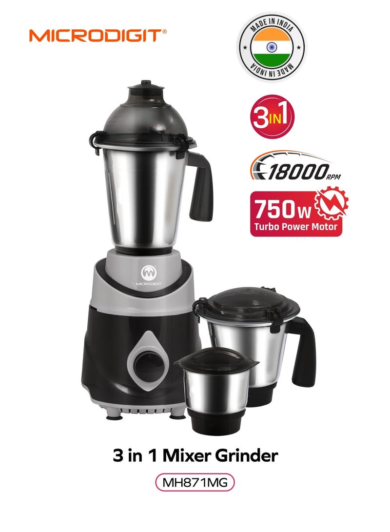 Microdigit 3-In-1 Mixer Grinder &Juicer Blender Made In India 1.5 L 750.0 W MH871MG Black/Silver - Image 1