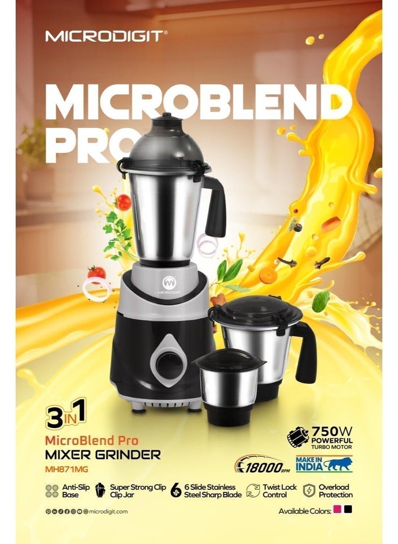 Microdigit 3-In-1 Mixer Grinder &Juicer Blender Made In India 1.5 L 750.0 W MH871MG Black/Silver - Image 5
