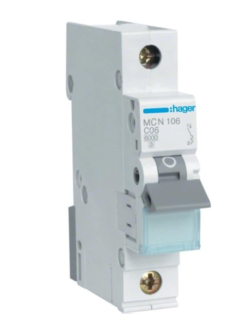 Hager HAGER Miniature circuit breaker Single Pole 6A 6KA SP MCB TYPE C MCN106 *ONEKONEKT* 