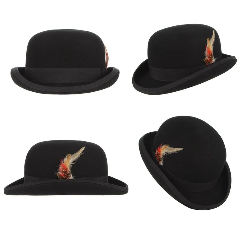 GEMVIE Men's Bowler Derby Hat Wool with Feather Black Derby Hat Satin Lined - Image 3