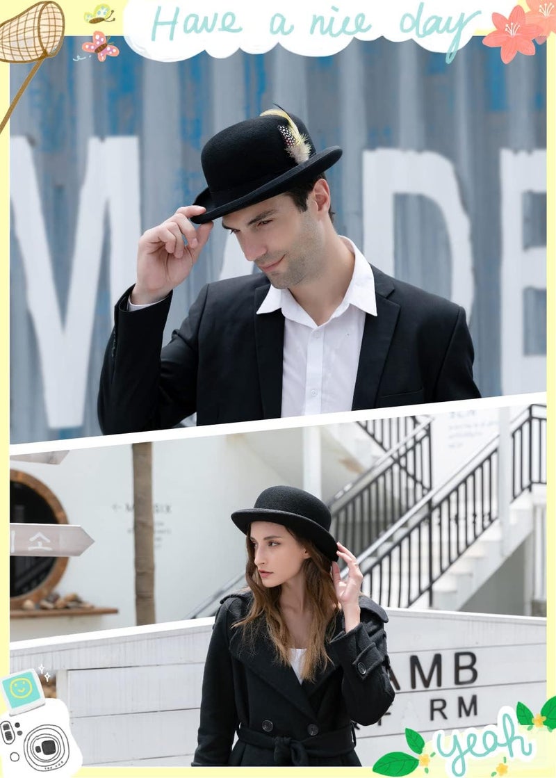 GEMVIE Men's Bowler Derby Hat Wool with Feather Black Derby Hat Satin Lined - Image 2