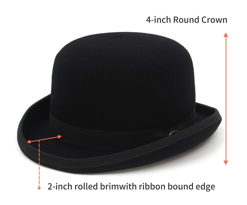 GEMVIE Men's Bowler Derby Hat Wool with Feather Black Derby Hat Satin Lined - Image 4