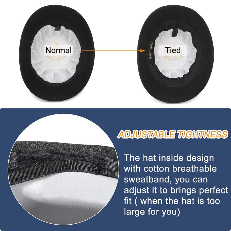 GEMVIE Men's Bowler Derby Hat Wool with Feather Black Derby Hat Satin Lined - Image 5