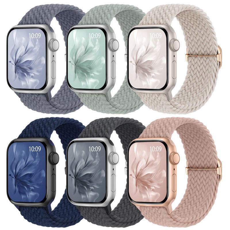 Knossen 6 Pack Braided Stretchy Bands Compatible with Apple Watch Band 38mm 40mm 41mm 42mm 44mm 45mm 46mm 49mm Women Men, Adjustable Nylon Solo Loop Elastic Straps for iWatch Series 11 10 9 8 7 6 5 4 SE Ultra - Image 1