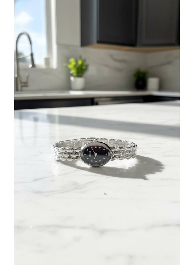 GUESS Women's Oval Silver Watch - Black Dial with Studded Accents - Elegant Fashion Accessory - Image 2