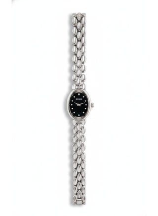 GUESS Women's Oval Silver Watch - Black Dial with Studded Accents - Elegant Fashion Accessory
