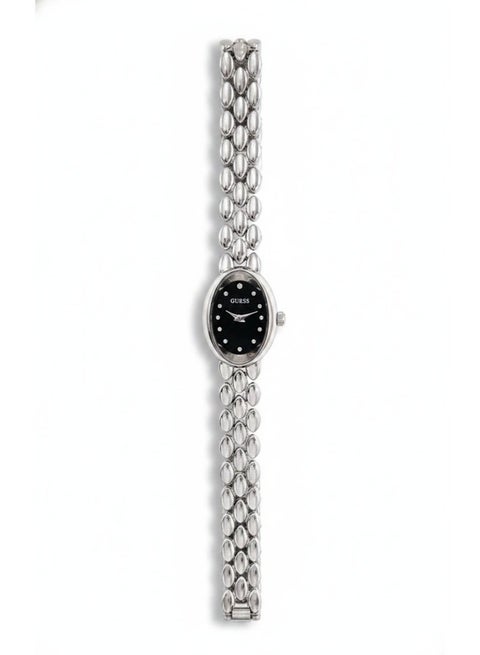 GUESS Women's Oval Silver Watch - Black Dial with Studded Accents - Elegant Fashion Accessory