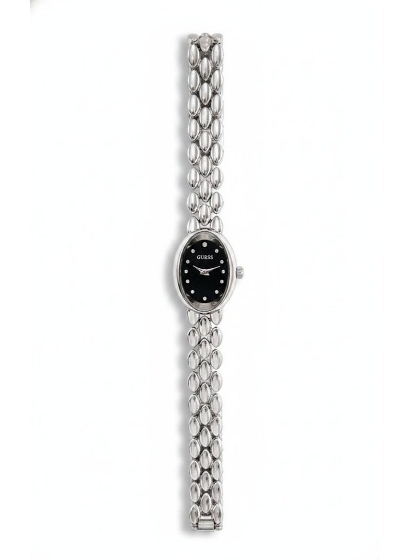 GUESS Women's Oval Silver Watch - Black Dial with Studded Accents - Elegant Fashion Accessory - Image 1