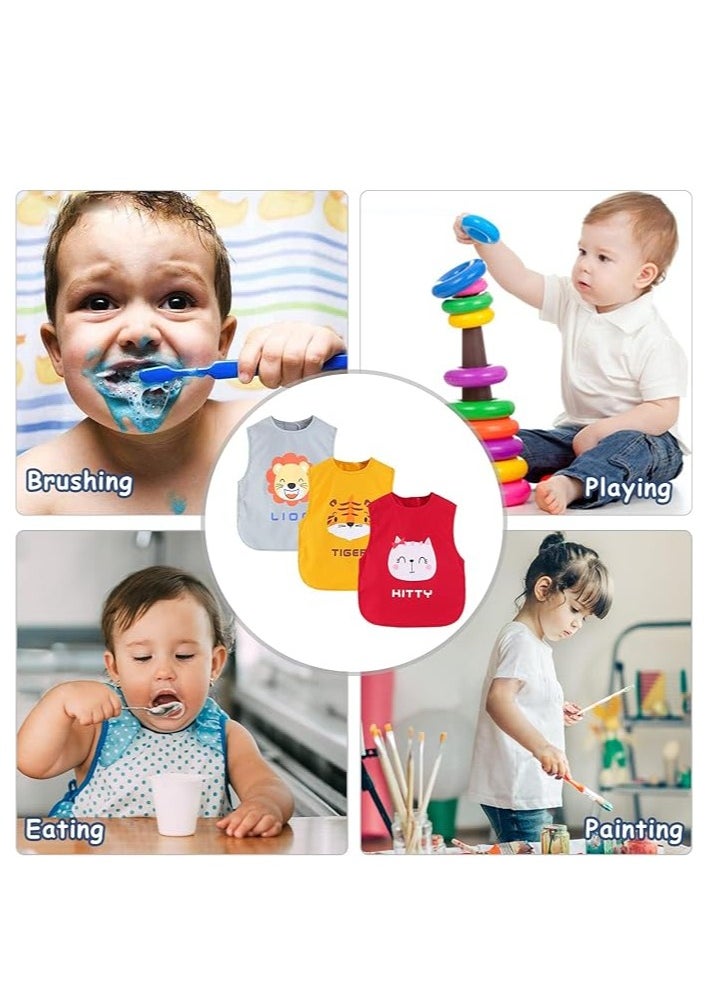SYOSI - 3-Pack Baby Bibs, Sleeveless Sleeve Bibs With Crumb Catcher Pocket Infant Adjustable Bib Babies Sleeveless Animals Food Bibs, Short Sleeve Waterproof Bib For Kids, 6-24 Months - Image 1