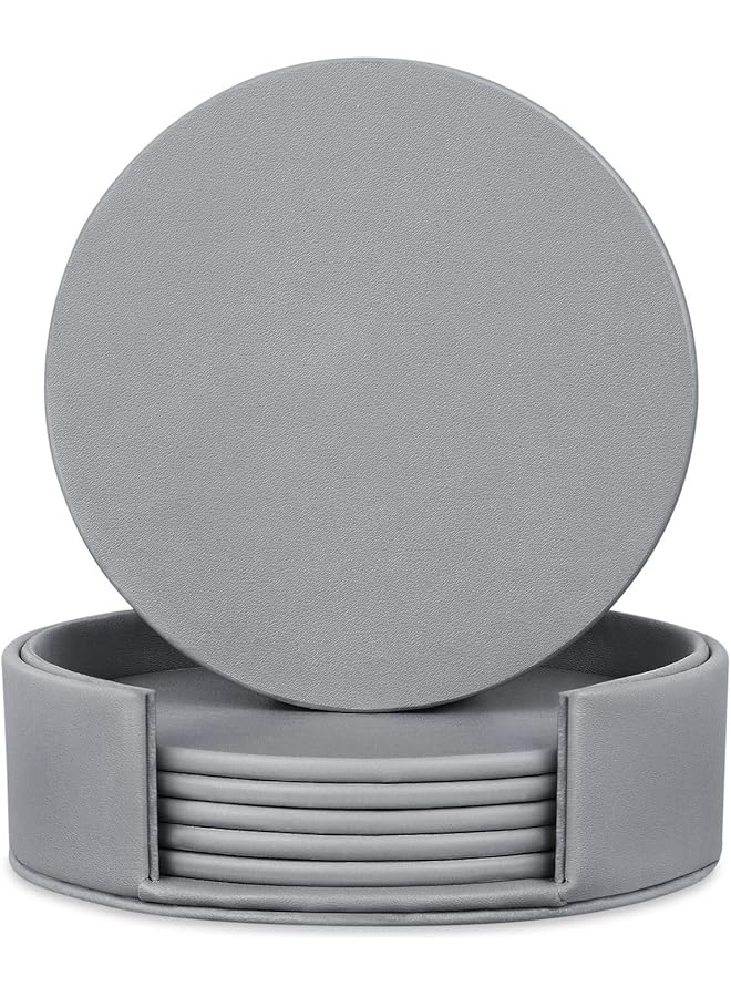 إيروريكس قواعد أكواب للمشروبات، قواعد أكواب جلدية مع حامل لحماية الأثاث من التلف، مجموعة من 6 قطع باللون الرمادي - Image 1