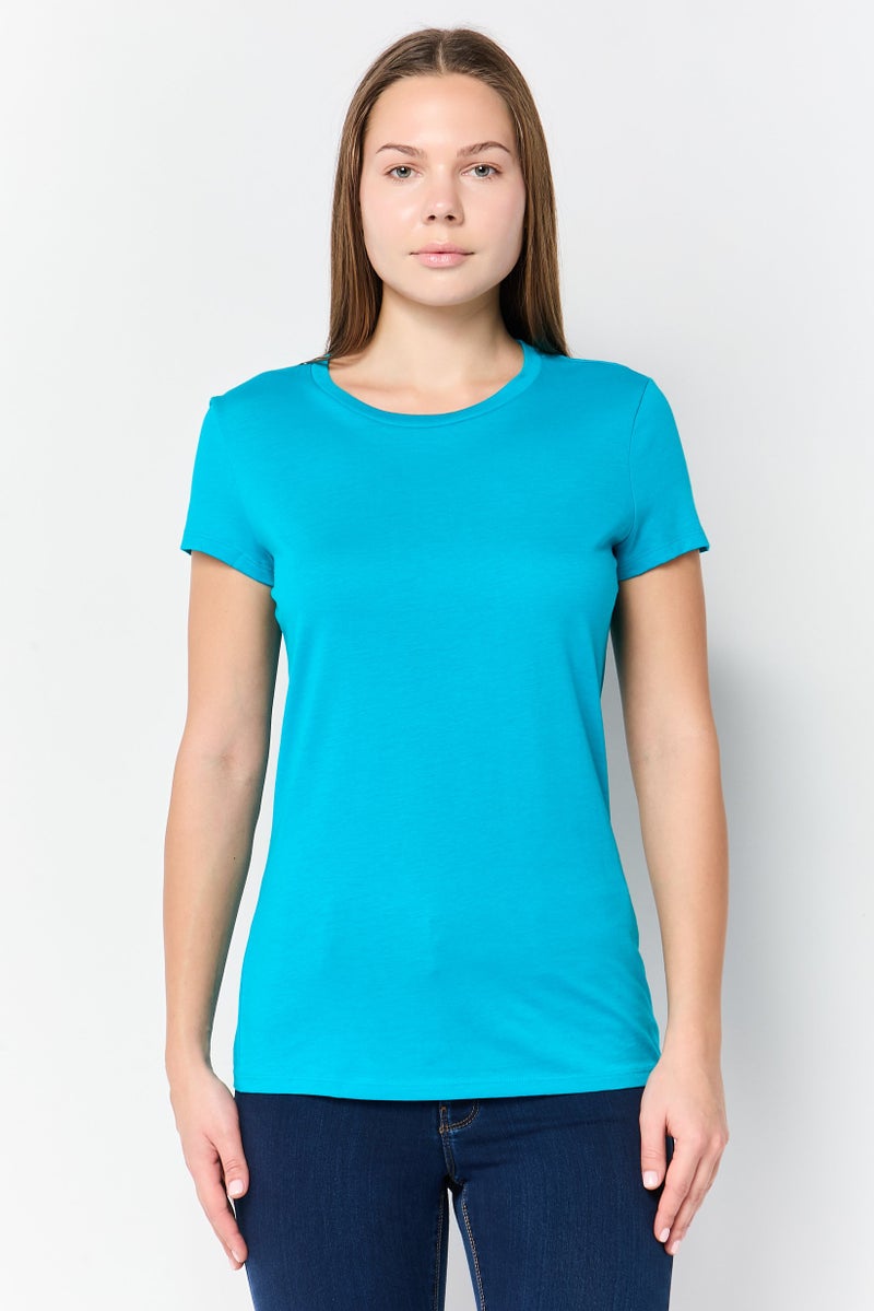 armani AX Armani Exchange Women Crew Neck Short Sleeve Solid T-Shirt, Cyan Blue - Image 1