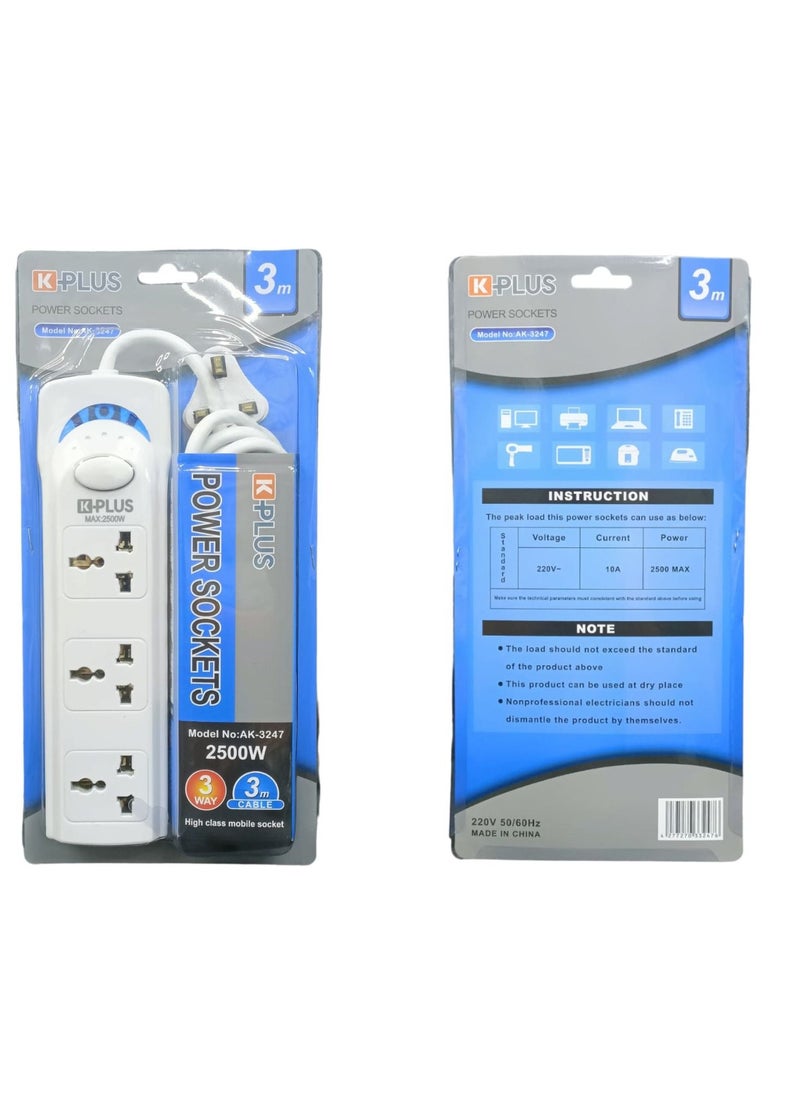KPlus - KPLUS 3 Way 3 Meter Extension Cord Power Cord Power Strip with Switch - Image 1