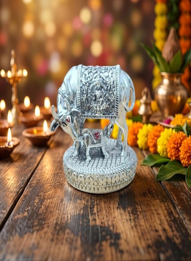 ARNAVIRA 999 Silver Plated Antique Vastu Kamdhenu Cow with Calf Idol with Lakshmi Remedy for Wedding & Housewarming Gift | Pooja Room Height 3.5 Inch (Silver Antique, Medium, Kamdhenu Cow 01)
