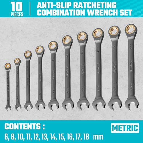 DURATECH AntiSlip Ratcheting Wrench Set Combination Wrench Set 10Piece Metric 618mm 72Tooth Nickel Plating CRV Steel with Pouch - Image 3