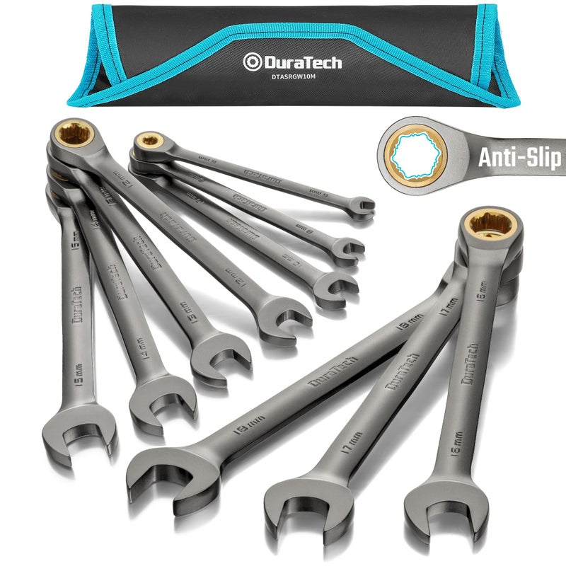 DURATECH AntiSlip Ratcheting Wrench Set Combination Wrench Set 10Piece Metric 618mm 72Tooth Nickel Plating CRV Steel with Pouch - Image 2