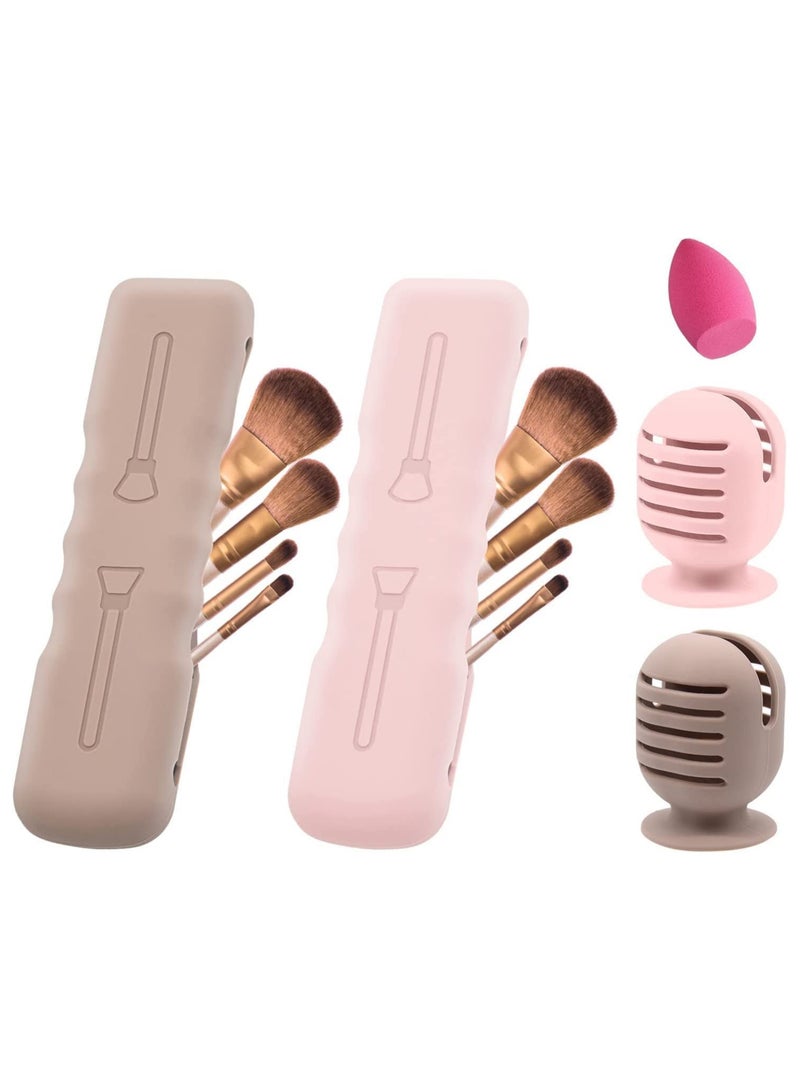 4 PCS Makeup Brush Sponge Holder, Silicone Makeup Brush Covers Bag Travel Holders Suctioned Drying Stand, Makeup Brushes Case Organizer for Traveling Cute Portable (Pink + Light Brown)  - Image 1