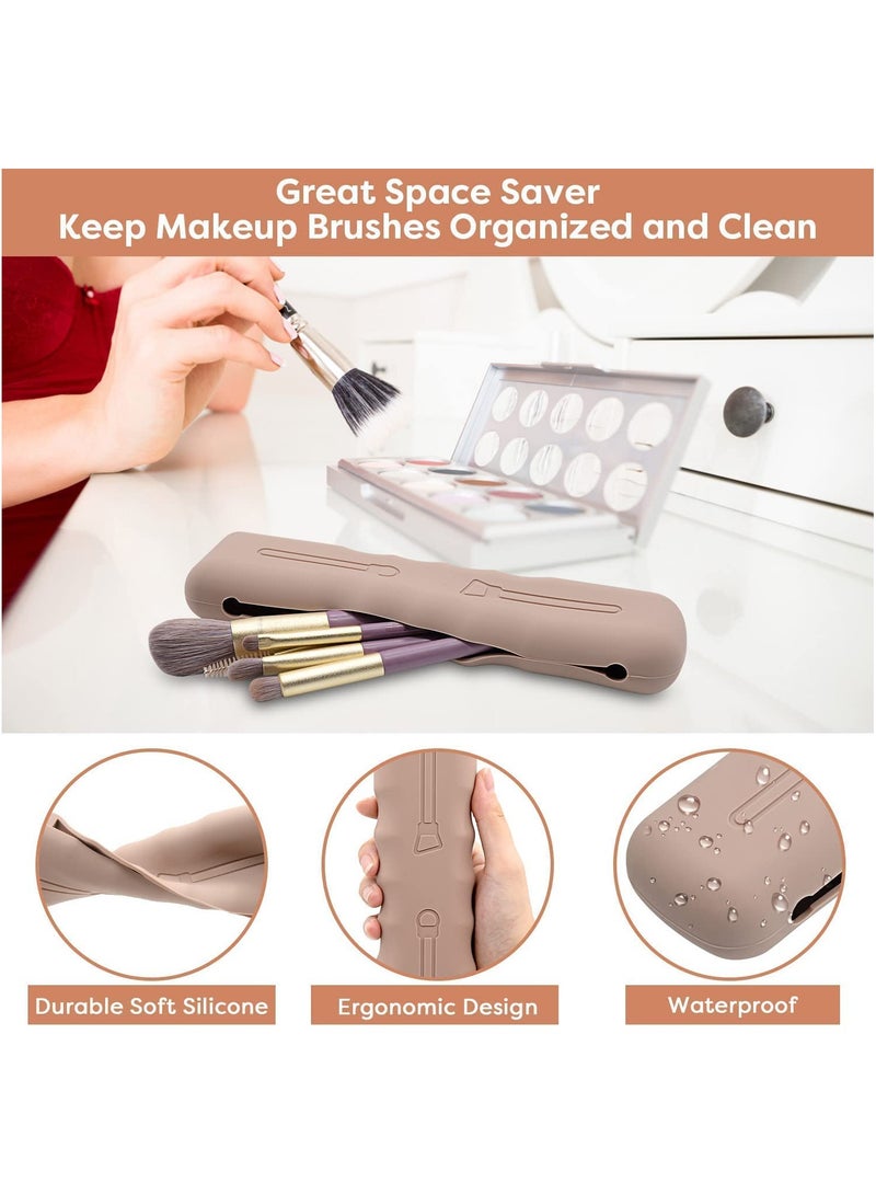 4 PCS Makeup Brush Sponge Holder, Silicone Makeup Brush Covers Bag Travel Holders Suctioned Drying Stand, Makeup Brushes Case Organizer for Traveling Cute Portable (Pink + Light Brown)  - Image 2