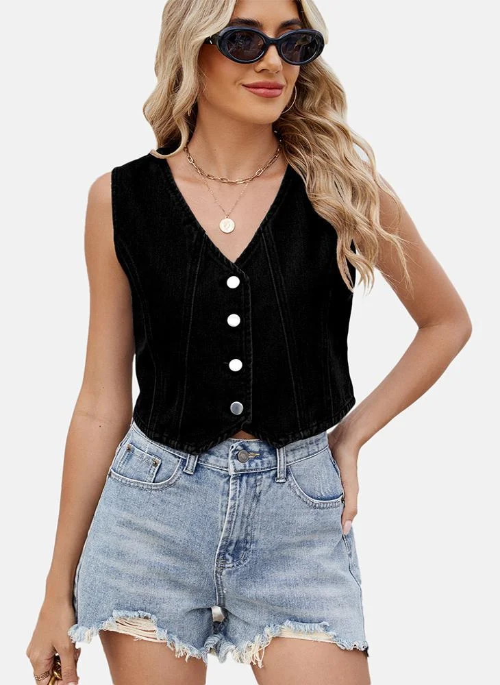 يونيكي Black V Neck Plain Top