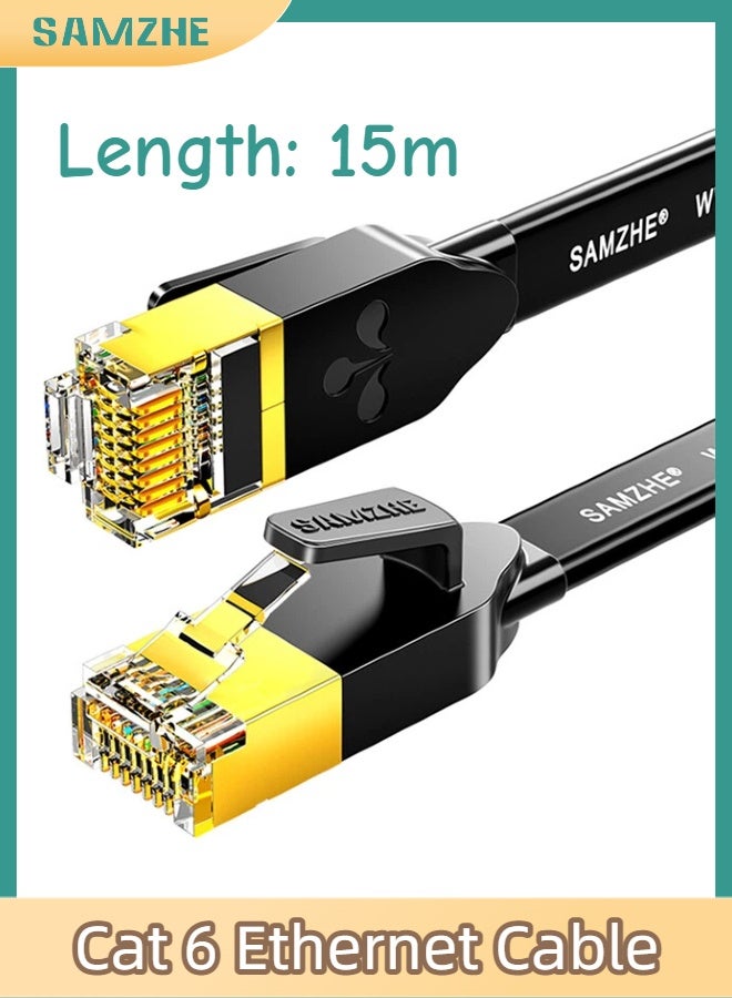 SAMZHE كابل إيثرنت Cat6 بطول 15 أمتار، عالي السرعة 1000 ميجابت في الثانية، سلك LAN مسطح فائق النحافة مصنوع من النحاس النقي، موصل RJ45 مع غطاء واقٍ، مطلي بالذهب لمقاومة التداخل، سلك توصيل إنترنت للكمبيوتر لأجهزة PS5 وPS4 وXbox والكمبيوتر الشخصي والألعاب وأجهزة التوجيه والمودم (أسود) - Image 1
