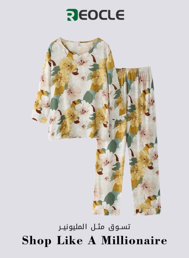 REOCLE New Middle-aged and Elderly Mother's Pajamas Short-sleeved Cotton Silk Pullover Loose Large Size Pullover Home Wear Set - Image 1