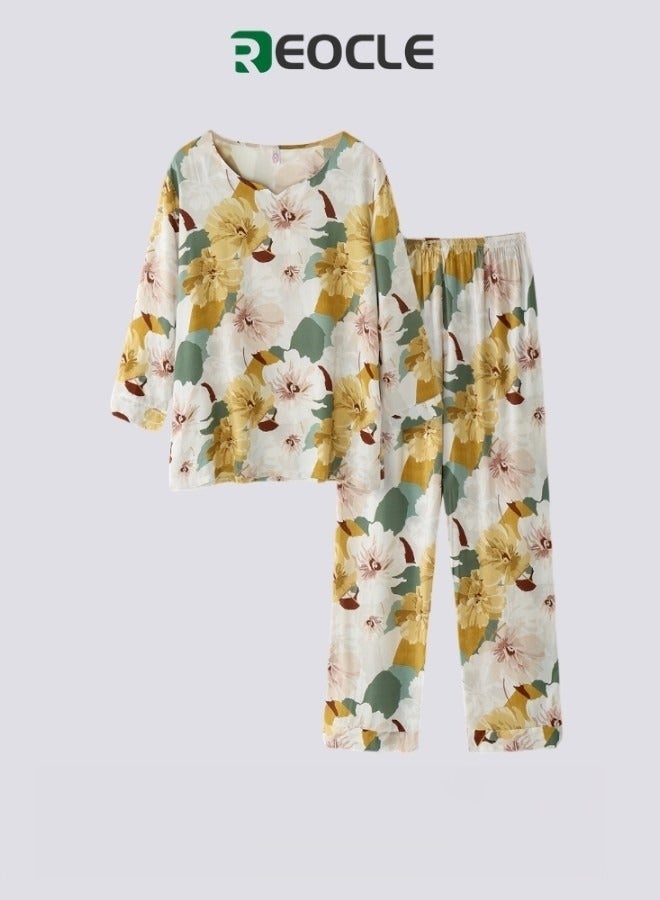 REOCLE New Middle-aged and Elderly Mother's Pajamas Short-sleeved Cotton Silk Pullover Loose Large Size Pullover Home Wear Set - Image 2