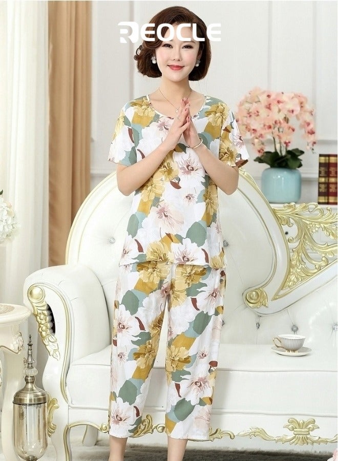 REOCLE New Middle-aged and Elderly Mother's Pajamas Short-sleeved Cotton Silk Pullover Loose Large Size Pullover Home Wear Set - Image 4