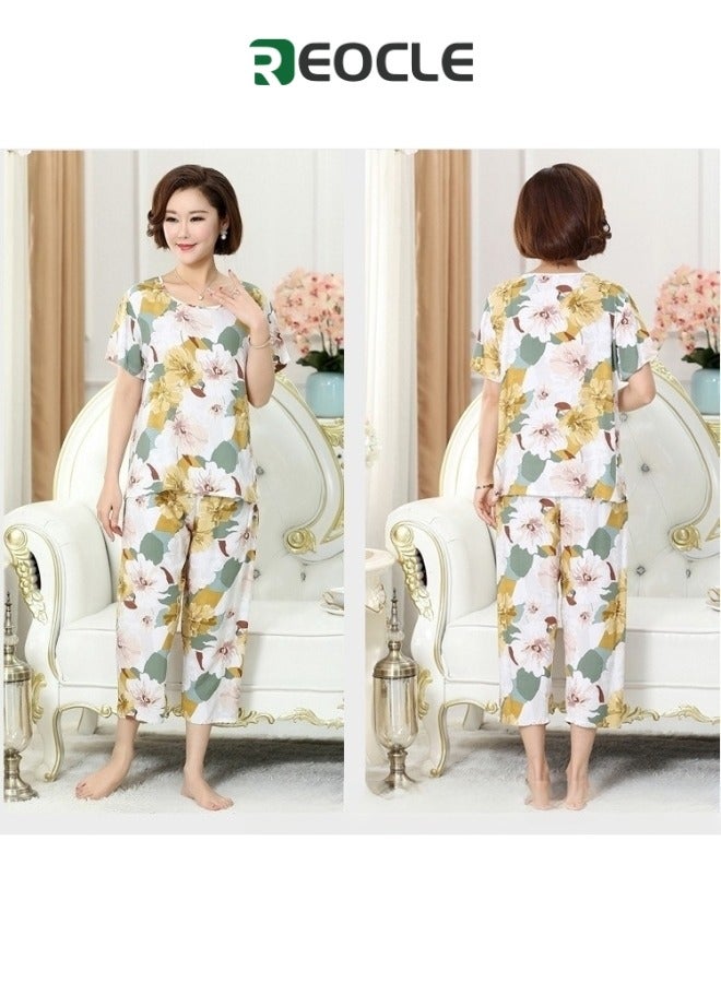 REOCLE New Middle-aged and Elderly Mother's Pajamas Short-sleeved Cotton Silk Pullover Loose Large Size Pullover Home Wear Set - Image 3