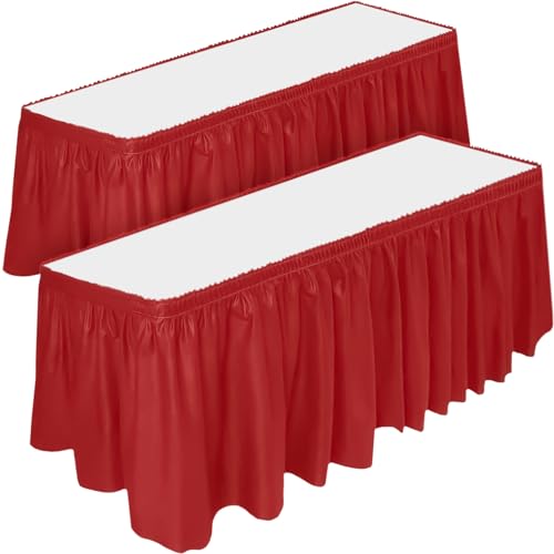DecorRack DecorRack 2 Pack Table Skirts 29 in x 14 ft Each Multi Pack BPA Free Plastic Tableskirt Disposable Reusable Rectangular Tablecloth Skirt Red 2 Pack