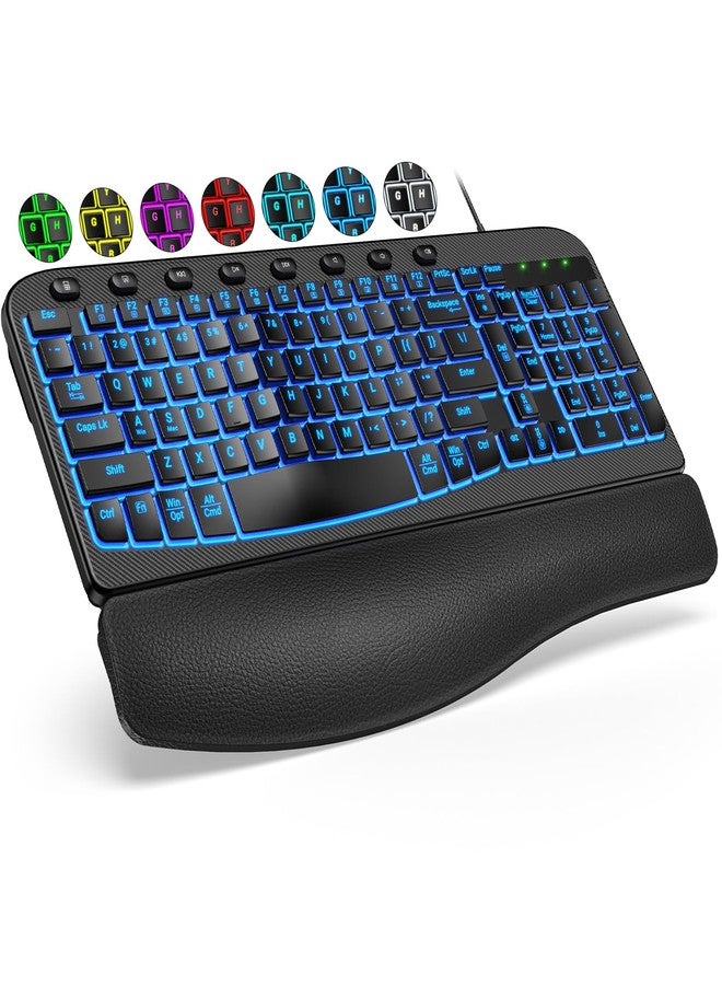 SABLUTE Ergonomic Keyboard Wired with Cushioned Wrist & Palm Rest, Backlit Computer Keyboards with 7-Color Adjustable Backlight, Comfortable Natural Wave Keys for Windows/Mac, Desktop Laptop - Image 1