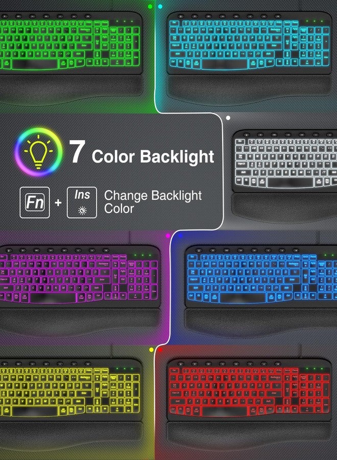 SABLUTE Ergonomic Keyboard Wired with Cushioned Wrist & Palm Rest, Backlit Computer Keyboards with 7-Color Adjustable Backlight, Comfortable Natural Wave Keys for Windows/Mac, Desktop Laptop - Image 3