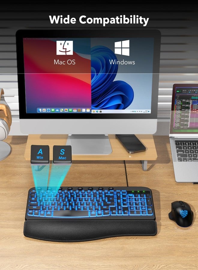 SABLUTE Ergonomic Keyboard Wired with Cushioned Wrist & Palm Rest, Backlit Computer Keyboards with 7-Color Adjustable Backlight, Comfortable Natural Wave Keys for Windows/Mac, Desktop Laptop - Image 4