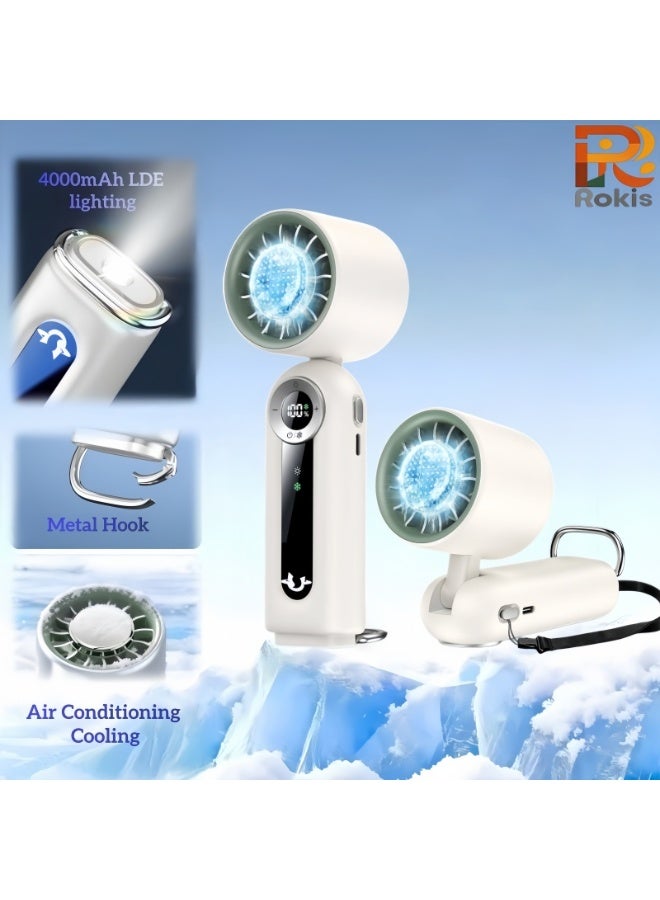 Rokis Portable Handheld Mini Fan with Cooling Plate,199 Speed Settings,LED Display,Flashlight,High-Speed Personal Fan,4000mAh Rechargeable Battery,USB-C Rechargeable,Wearable for Travel,Outdoor,Office,Home (Beige-White) - Image 1