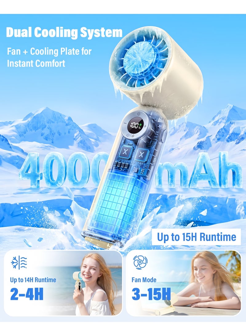 Rokis Portable Handheld Mini Fan with Cooling Plate,199 Speed Settings,LED Display,Flashlight,High-Speed Personal Fan,4000mAh Rechargeable Battery,USB-C Rechargeable,Wearable for Travel,Outdoor,Office,Home (Beige-White) - Image 3
