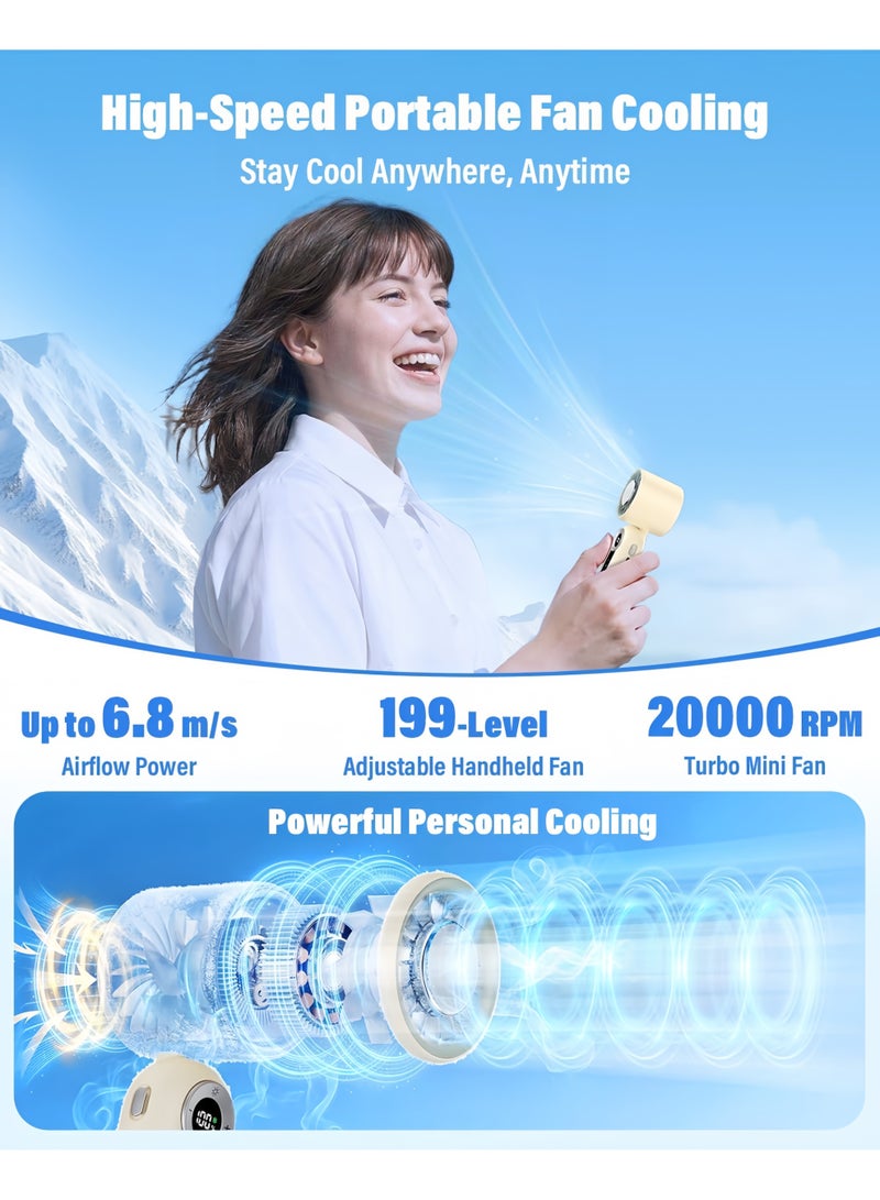Rokis Portable Handheld Mini Fan with Cooling Plate,199 Speed Settings,LED Display,Flashlight,High-Speed Personal Fan,4000mAh Rechargeable Battery,USB-C Rechargeable,Wearable for Travel,Outdoor,Office,Home (Beige-White) - Image 4