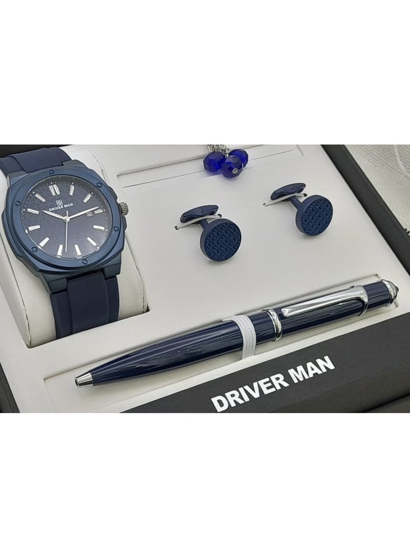 طقم ساعه رجالي درايفر مان بعلبه فاخره.مكون من ساعه قلم كبك وسبحه