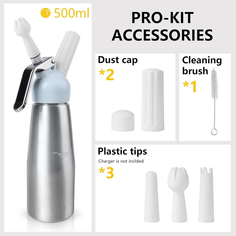 VIGIND Professional Whipped Cream Dispenser, 500ml Whipped Cream Canister,Sturdy Aluminum Whipped Cream Maker with 3 Decorating Nozzles,Use Standard 8g N2O Cream Chargers (Chargers Not Included) - Image 2